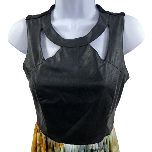 Black M Vegan Leather Cutout Floral Chiffon Maxi Sleeveless Dress Feminine Edgy - Picture 3 of 15